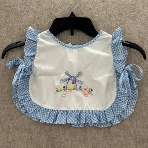 Vintage Baby Bib Blue Gingham Windmill Embroidered‎ Ruffles Ties